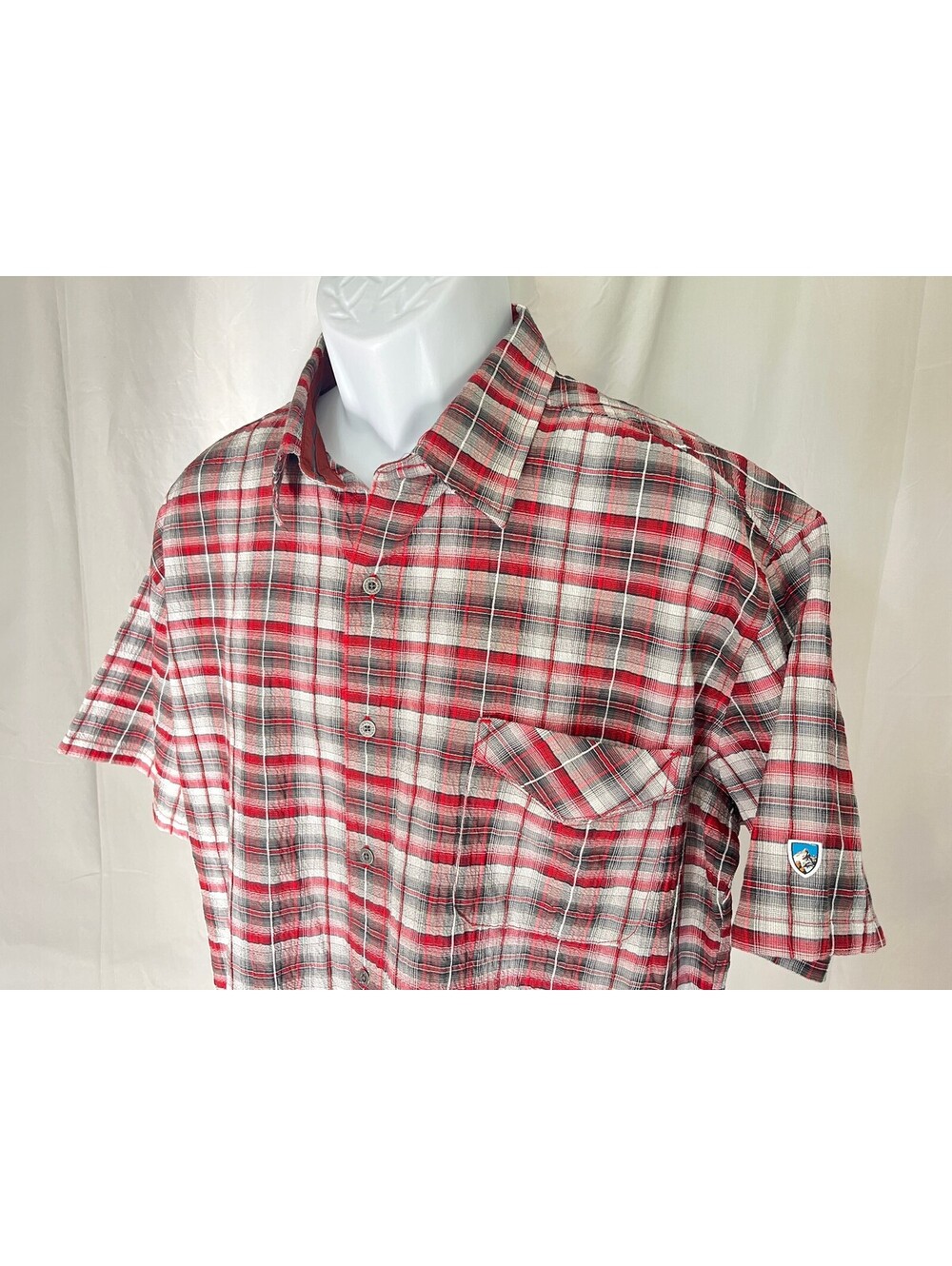 KUHL Men's Red Gray White Plaid Textured Short Sleeve Shirt XL EUC